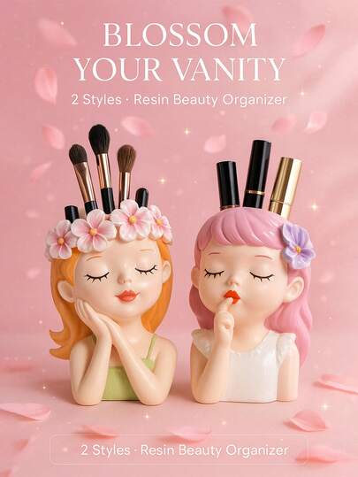 1 hộp đựng cọ trang điểm và giá phơi đồ họa tiết hoa dễ thương, giá đựng son môi và chì kẻ lông mày, thích hợp cho bàn trang điểm, mặt bàn phòng tắm, trang trí bàn trang điểm phong cách nữ tính pastel, quà tặng cho phụ nữ và các cô gái tuổi teen