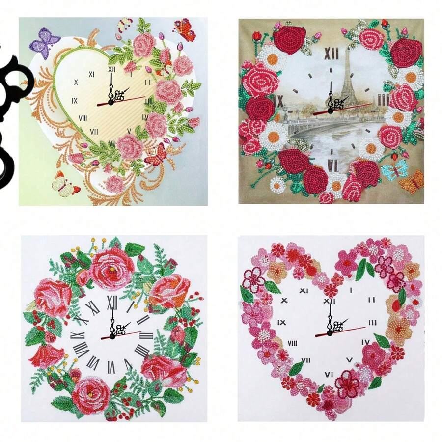 1pc Diamond Painting Clock Kit, Heart & Flower Pattern, DIY Handcraft, Canvas Material, Unique Shape, Diamond Painting Clock With Movement, Suitable For Living Room And Bedroom Decor