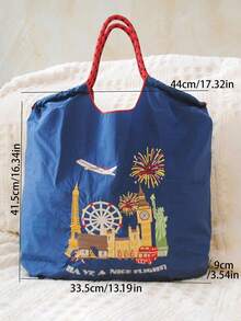 1 pieza Bolsa de compras con patrón bordado de fuegos artificiales y ciudad, bolsa de viaje de gran capacidad, bolso de mano con cordón de nailon - Multicolor - Ver 4