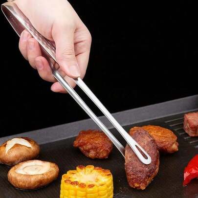 1 chiếc kẹp nướng BBQ cán dài bằng thép không gỉ chống trượt, kẹp bít tết, dụng cụ nhà bếp.