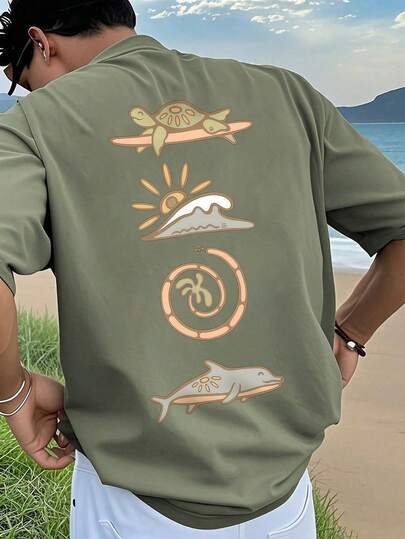 Men's Graphic Print T-Shirt, Beach Summer Wear Loose Fit Short Sleeve Tee
