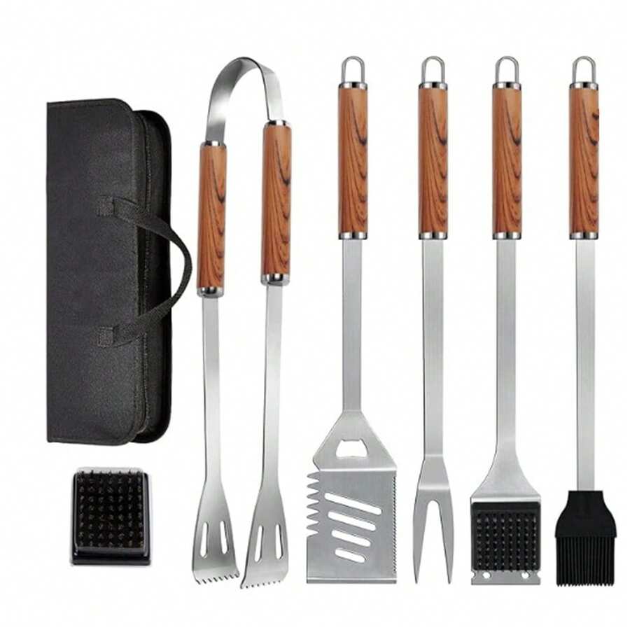 Juego de Herramientas para BBQ de Acero Inoxidable (7pcs), Incluye abrazadera de alimentos, espátula multiusos, tenedor, cepillo de aceite de silicona, cepillo de limpieza y bolsa de almacenamiento. Resistente al Calor, Antideslizante y Fácil de Limpiar. Ideal para Barbacoas en el Patio, Reuniones con Amigos, Horneado en la Cocina, Camping al Aire - A - Ver 1