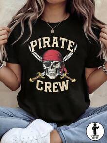 Pirate Crew Skull Print T - Shirt Women's Spring - Summer Short - Sleeve Crew - Neck Casual T - Shirt, Daily Leisure, Holiday Gift - màu đen - Xem 1