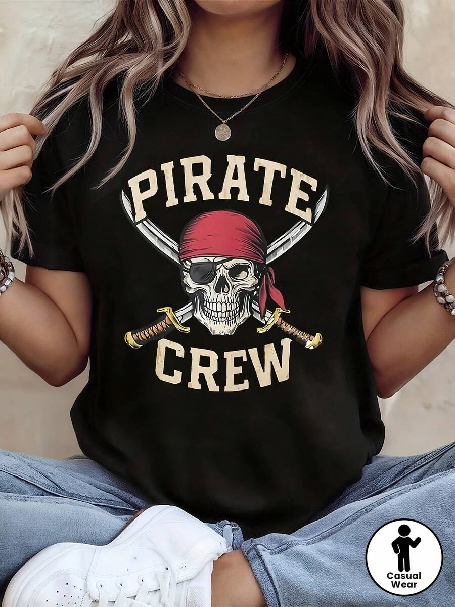 Pirate Crew Skull Print T - Shirt Women's Spring - Summer Short - Sleeve Crew - Neck Casual T - Shirt, Daily Leisure, Holiday Gift - màu đen - Xem 1