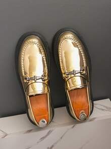 European And American Style Shiny Gold Thick Sole Loafers, Men's Buckle Slip-On Silver Elevator Shoes, Cross-Border Popular Item - Gold - View 8