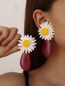 1 Pair Luxury Niche Resort Style Rattan Woven Resin Water Drop Earrings For Women, Asymmetrical Texture Crimson Red Water Drop Earrings, Vacation Travel Accessory - Flower Earrings - View 1
