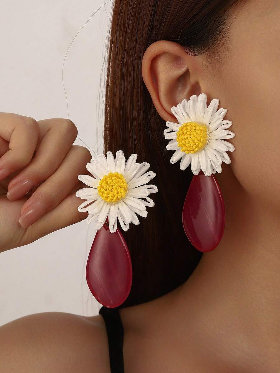 1 Pair Luxury Niche Resort Style Rattan Woven Resin Water Drop Earrings For Women, Asymmetrical Texture Crimson Red Water Drop Earrings, Vacation Travel Accessory - Flower Earrings - View 1