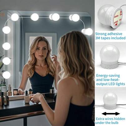 LED Vanity Mirror Lights With 12 Stick On Dimmable Bulbs, 3000K 4500K 6500K & 10 Brightness Levels Adjustable, Plug In USB Cable,  Style Mirror Lights For Makeup Desk Bathroom Dressing Room