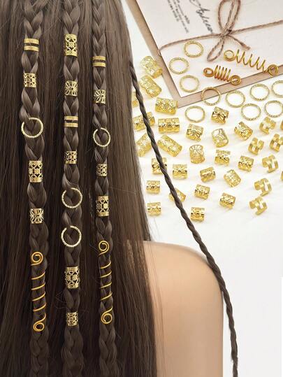 52pcs Assorted Hair Rings - Elegant Adjustable Alloy Hair Cuffs, Floral Style Jewelry For Girl's Dreadlocks & Braids