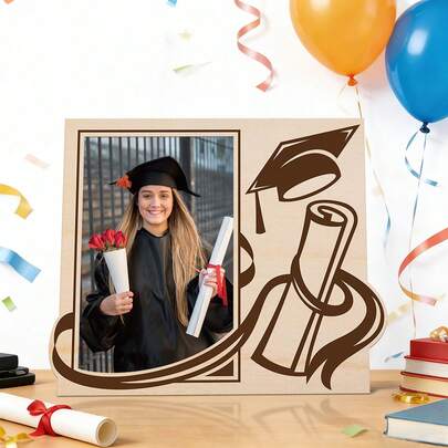 Single Person Graduation Wooden Photo Frame, Suitable For Displaying Individual Graduation Photos, A Delicate Desktop Decor For Classmates And Friends. Designed With Artistic Ribbon Decorations, Featuring Graduation Cap And Diploma Scroll Patterns.
