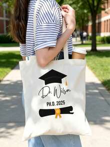 Customized Graduation Canvas Tote Bag, Personalized With Name And Graduation Year, Featuring Graduation Cap And Diploma Design, Unique Graduation Gift, Commemorative Graduation Gift - White - View 4