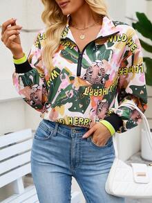 Chaqueta con estampado de leopardo de moda para mujer, de manga larga, cuello alto, cierre con cremallera, puños y bajo acanalados, prenda exterior casual corta para todas las estaciones - Color - Ver 5