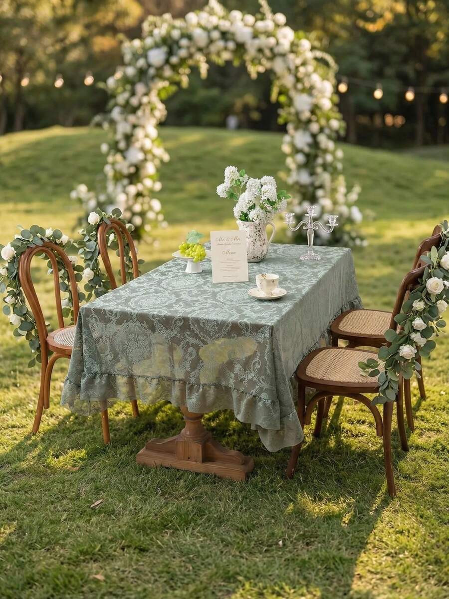 1pc French Country Style Lace Tablecloth With Ruffle Edge, Decorative Table Cover For Kitchen, Dining Room, Living Room, Coffee Table, TV Stand, Suitable For Wedding, Party, Birthday, Home Decor - Green - View 1