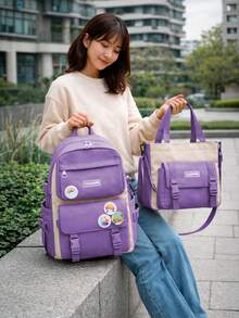 Shendy Vendy Backpack With Large Capacity, 5-Piece Set Fashionable Cool Youth Backpack Pencil Case Laptop School Student - MOD101 淡紫色 - 查看 5