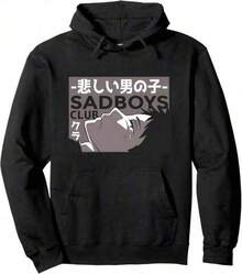 Big Size Women Hoodie Sad Boys Club - Anime Boy Illustration Japanese Pullover Hoodie,Black Loose Fit Thick Hoodie For Men,Casual Hooded Long Sleeve Sweatshirt Japanese Style Hoodie, Casual Spring Autumn Sweatshirt Suitable For Outdoor Wear - màu đen - Xem 1