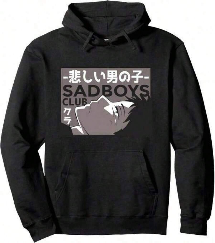 Big Size Women Hoodie Sad Boys Club - Anime Boy Illustration Japanese Pullover Hoodie,Black Loose Fit Thick Hoodie For Men,Casual Hooded Long Sleeve Sweatshirt Japanese Style Hoodie, Casual Spring Autumn Sweatshirt Suitable For Outdoor Wear - màu đen - Xem 1