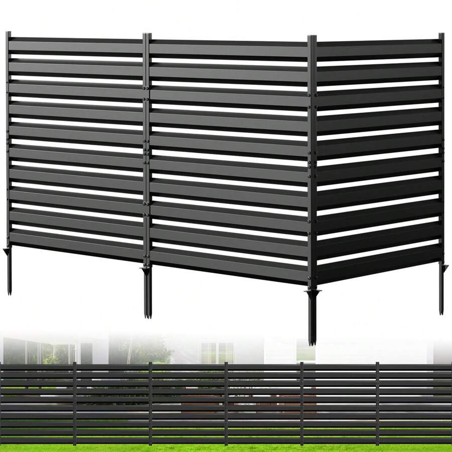 WHIFFEE 3 Panels Privacy Screen Outdoor No Dig Metal Garden Fence For Air Conditioner Fencing Outdoor Divider Patio Privacy Fence Panel 42" H X 38" W Black
