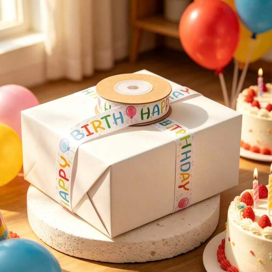 1pc Watercolor "Happy Birthday" Balloon Printed Ribbon, 10 Yards Multi-Scene Decorative Satin Ribbon, Baby Shower/Birthday Party Gift Wrapping Ribbon. This Fresh And Healing Watercolor-Style Birthday-Themed Ribbon Is Printed With Pastel-Colored "HAPPY BIRTHDAY" Text And Cute Balloon Patterns. - A - View 1