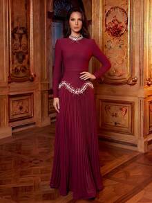 Modphy New Luxury Handmade Beaded Rhinestone Embellished Women Black Cropped Bustier Top And Mesh Maxi Skirt 2 Piece Set, Party Wedding Dress - Burgundy - View 4