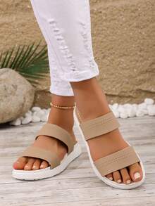 French Thick Sole Elevated Slip-On Sandals For Petite Women, Minimalist Strap Platform Shoes - Khaki - View 4