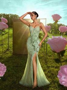 Mint Green Sequin Mermaid Evening Gown: 3D Floral Ruffle Hem Luxury Prom Dress 2026, Sexy High Slit Sparkling Formal Evening Gown Suitable For 15 Years Old Celebration, 16th Birthday, Spring Garden Wedding Guest, And Celebrity Style Gala Party - Mint Green - View 9