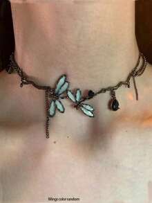 1pc Dragonfly & Water Drop Geometric Choker Necklace, Colorful Metal Zirconia, Unisex, Personalized For Party - Multicolor - View 13