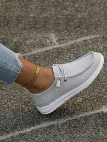 Women's Loafers, Casual Holiday Style, Four Seasons Style, Indoor And Outdoor, Solid Color Pattern, Versatile, Light And Comfortable, Round Toe, Elastic Laces, Easy To Put On And Take Off Flat Shoes - 灰色 - 查看 5