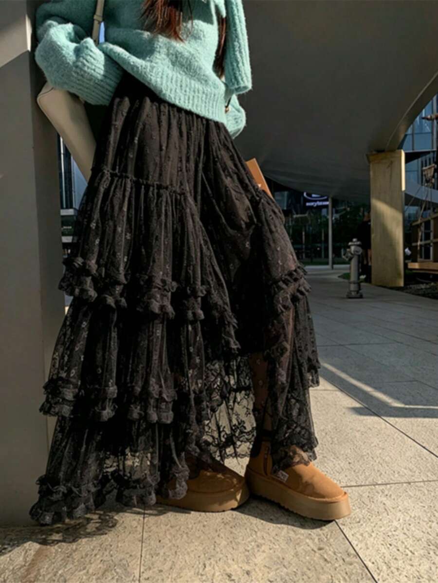Falda larga de estilo vintage francés con encaje floral en corte evasé para mujer talla grande, elegante falda de princesa negra para primavera - Negro - Ver 1