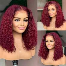 99J Burgundy Curly Bob Wig Human Hair 13x4 Deep Wave Human Hair Wig 200% Density HD Lace Front Wigs Human Hair For Women Pre Plucked Wet And Wavy Bouncy Red Bob Wigs 20Inch - S99J - 查看 6