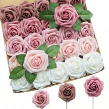 27pcs Set (25 Rose Flowers, 2 Leaves) Artificial Ivory Foam Roses With Stems, Suitable For DIY Wedding Bouquets, Bridal Shower Centerpieces, Party Table Decor, Valentine's Day And Mother's Day (Excluding Gift Box) - Multicolor - View 1