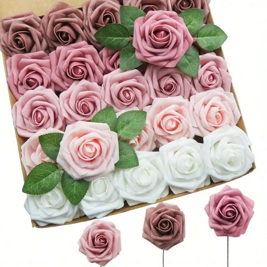 27pcs Set (25 Rose Flowers, 2 Leaves) Artificial Ivory Foam Roses With Stems, Suitable For DIY Wedding Bouquets, Bridal Shower Centerpieces, Party Table Decor, Valentine's Day And Mother's Day (Excluding Gift Box) - Multicolor - View 1
