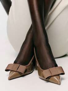 2026 Spring/Summer New Burgundy Bow Decor Open Toe Mule Shoes, Pointed Toe Slip-On Sandals - Brown - View 2