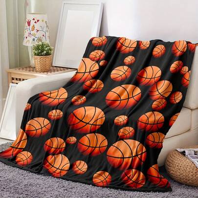 1 Stück kuscheliger Flanell Basketball Muster Überwurf - Weich & Bequem, 2D Digitaldruck, Ganzjährig, Leicht für Couch, Bett, Büro, Picknick - Schwarz mit orangefarbenen Basketball Design, Basketball Decke