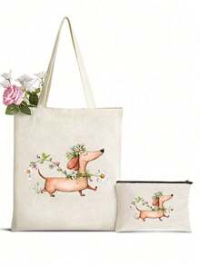 2pcs/Set Daily Tote Bag - Spacious Shoulder Bag With Cute Dachshund And Butterfly Pattern, Printed Portable Tote Bag Set - Women's Fashion Tote Bag With Small Zipper Cosmetic Pouch, Reusable Shopping Bag, Compact Design Suitable For Daily Use - Beige - View 2
