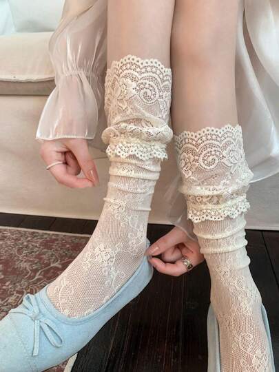 1 đôi tất dài mỏng ren dành cho nữ, tất cao đến đầu gối màu trơn viền ren, kiểu Nhật Bản, thích hợp cho mùa xuân/hè.