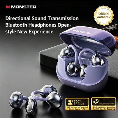  Monster AC235 New Open-Ear Clip-On Bone Conduction Headphones BT 6.0 ENC Noise Cancelling, Ultra Long Battery Life, HiFi Stereo, For Sports Running Gaming