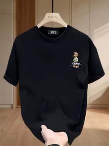 Camiseta de manga corta estampada de marca de moda para hombres en verano, de algodón puro pesado, estilo coreano, estilo japonés, tops versátiles estampados para hombres - Negro - Ver 11