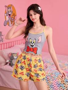 Noctvar OBM Sleepwear X TOM & JERRY 2件套女士可爱猫鼠卡通吊带背心和短裤套装，舒适透气，适合室内外穿着 - 彩色 - 查看 5