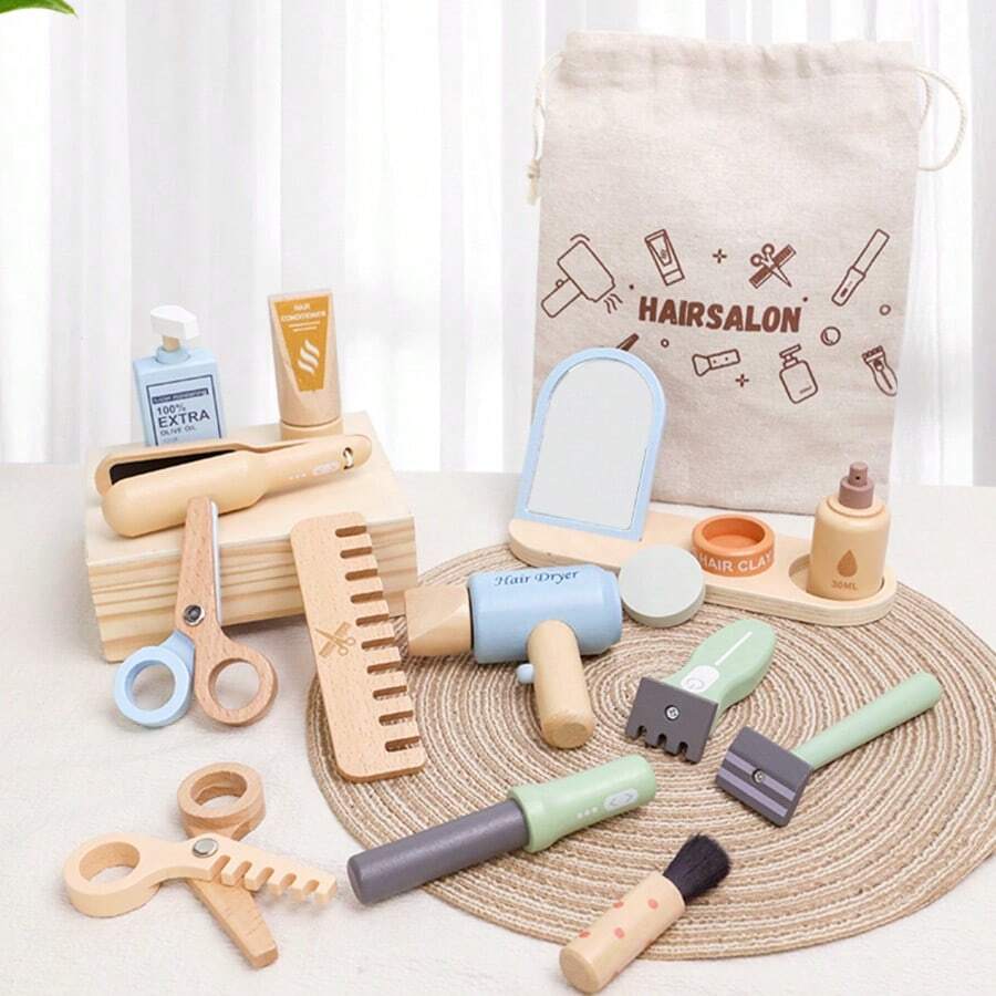 Kids Wooden Pretend Play Hairstylist Tool Set, Includes Scissors, Hair Dryer, Comb And Hair Accessories