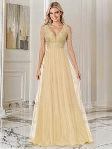 Váy cocktail đính sequin ôm sát cổ chữ V thời trang - Vàng - Xem 9