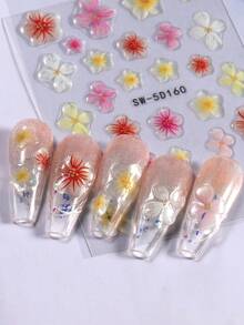 SWEET TREND 5D芙蓉花浮雕美甲贴纸 1片 彩色渐变 红黄白粉 春夏花卉花瓣果冻质感贴花 DIY浪漫时尚婚礼假日日常雕刻自粘沙龙贴纸滑动美甲装饰 女士和女孩美甲设计 - 彩色 - 查看 6