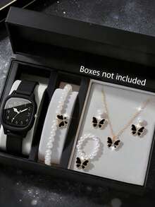 6/5 piezas, Nuevo reloj electrónico de moda simple y elegante con puntero cuadrado, adecuado para que las mujeres lo usen con joyas de mariposa como collares, pulseras, aretes, anillos, perfecto para fiestas, reuniones, cumpleaños, festivales, también un regalo ideal para amigos, madres, novias en el Día de la Madre, temporada de regreso a clases, temporada de bodas - Multicolor - Ver 2