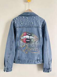 Jaket Denim Kasual Wanita dengan Dekorasi Mutiara untuk Musim Semi - Light Wash - View 2