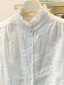 Camisa de manga larga de unicolor con cuello bordado con flores para mujer, camisa casual y de negocios de moda, adecuada para la oficina, el trabajo, el hogar y el uso durante todo el año, primavera/verano/otoño/invierno blanco - Blanco - Ver 4