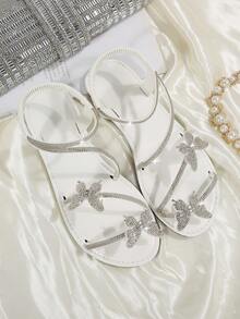 Summer New Casual Fashion Thin Strap Glass Rhinestone Cute Bow Slip-On Round Toe Flat Sandals For Women, Suitable For Party, Date, Beach - White - View 8