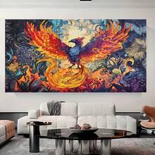 Lienzo plano 2D, 2D plano, 2D plano de 1 pieza con un colorido fénix en un bosque de fantasía, enmarcado y listo para colgar. Ideal para decorar habitaciones, oficinas, hogares y baños - Enmarcado - Ver 3