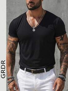 GRDR Camicia a maniche corte scollo a V da uomo, adatta per uso casual all'aperto in estate - nero - Visualizzare 1