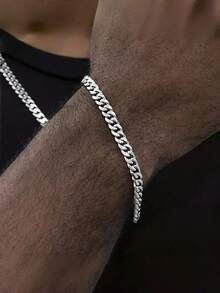2pcs/Set Men's Hip Hop Minimalist NK Style Stainless Steel Chain Bracelet And Necklace Jewelry Set, Suitable For Daily Wear, Boyfriend, Father's Day Perfect Gift - Cuban Necklace and Bracelet Set - View 2