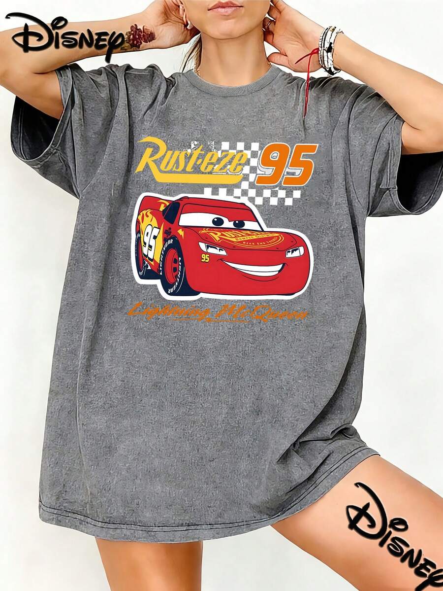 Camiseta de algodón holgada en negro lavado vintage con el diseño de Rayo McQueen de Disney Cars Rust-Eze 95, camiseta deportiva de corte holgado retro, perfecta para fans de Disney, uso diario y como regalo - Gris - Ver 1