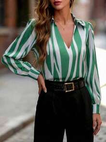Women's Fashionable Versatile Striped Satin Blouse, Button Front Closure, Suitable For Office Wear Vacation Spring - Green - View 7